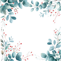 A blue and green leafy border with red berries. The border is white and the background is white