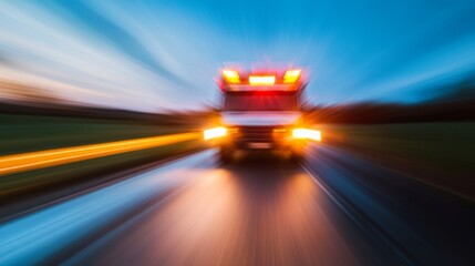 Urgent Response: EMS Vehicle Speeding on Country Road with Blazing Emergency Lights at Dusk