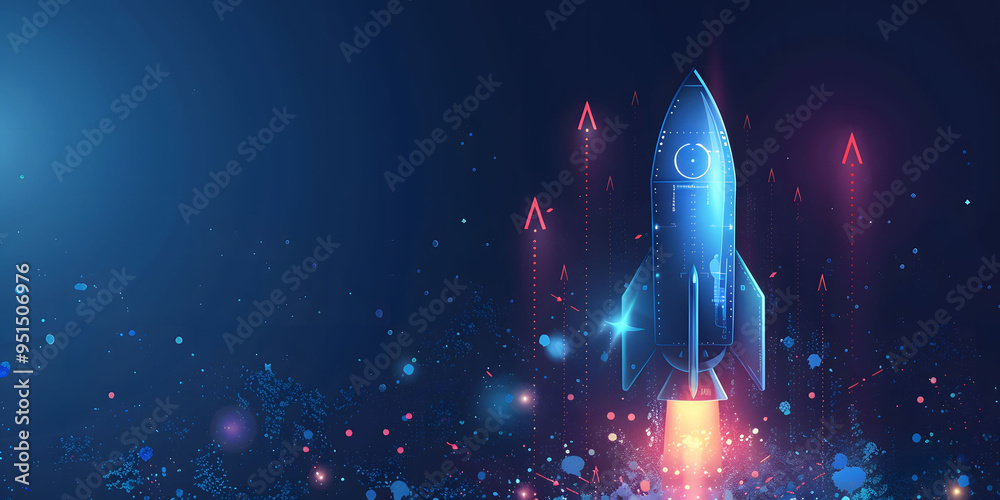 Wall mural Abstract futuristic blue background with glowing arrows pointing upwards and a rocket taking off. Vector illustration symbolizing stock market growth or business success.