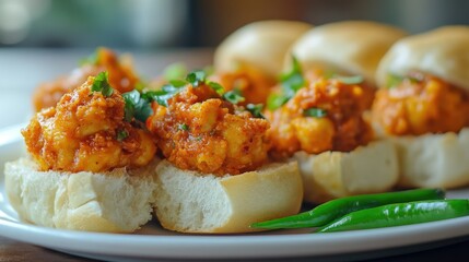 A plate of spicy, tangy vada pav with green chilies on the side, capturing the essence of Mumbai's street food culture.