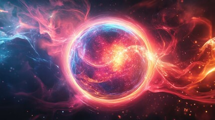 A radiant, neon-colored energy sphere with dynamic particle movement, glowing against a dark, abstract backdrop.