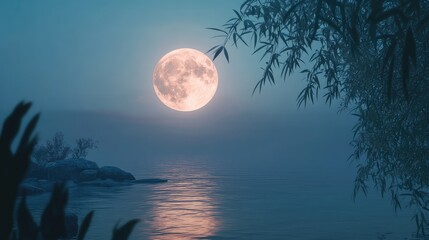 Fototapeta premium The full moon shines over a calm sea during the Mid-Autumn Festival, reflecting a clean and tranquil atmosphere.