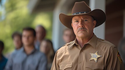 In a small town, a local sheriff holds a press conference, announcing new measures to ensure justice and safety for all community members