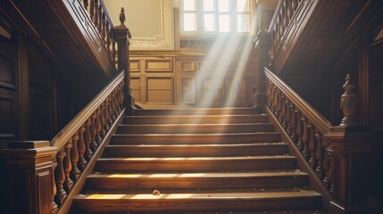 Obraz premium Sunlight Illuminating a Wooden Staircase