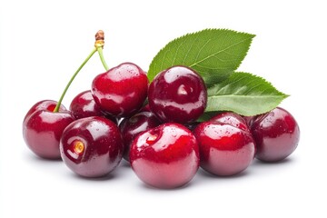 Cherry isolated. Fresh ripe cherries with leaves isolated on a white background.Sweet cherries pile. Berries and fruits. Vegan. Healthy eating with generative ai