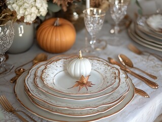 Table with a vase of flowers and a pumpkin on it. There are wine glasses and a knife on the table