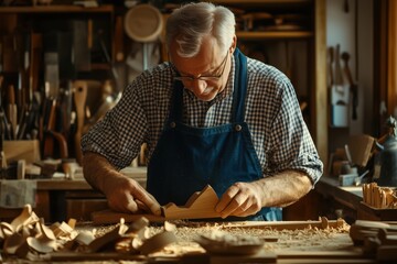 Realistic depiction of a skilled woodworker using a chisel in a tidy workshop