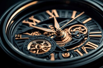 Close-up of a Black and Gold Mechanical Watch Face