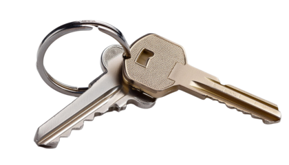 Car Key and Key Fob: Close-up of a silver car key with a black key fob attached, isolated against a white background. This image conveys a sense of security, control, and access, ideal for themes of t