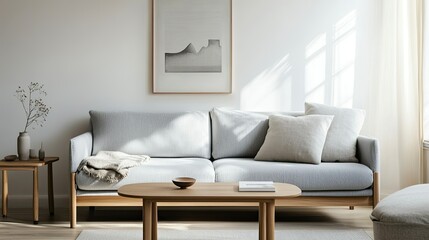 Naklejka premium A serene Scandinavian-style living room featuring a gray sofa, wooden table, and simple decor, with natural light enhancing the minimalist aesthetic.