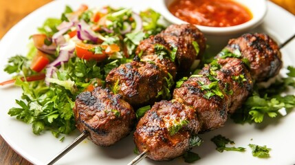 A serving of Indian lamb kebabs with a side of salad, highlighting the smoky, spicy flavors and tender meat of this popular dish.
