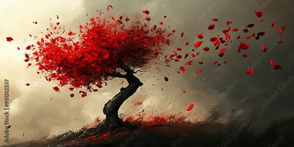 Canvas Prints A painting of a tree with red leaves and a splash of red paint