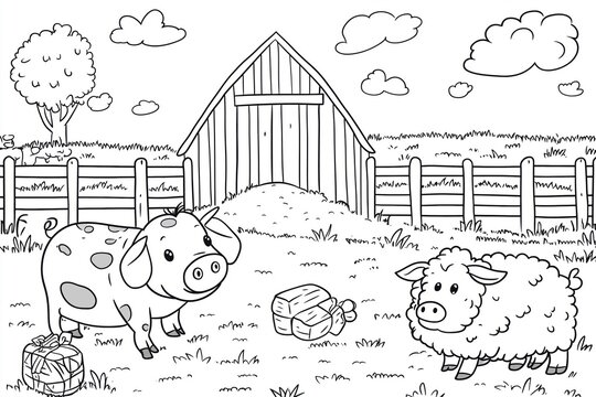 farm animals black and white coloring page clip art preview
