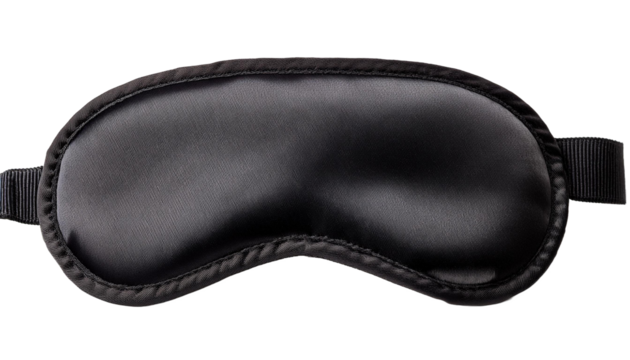Black Sleep Mask: A close-up view of a classic black sleep mask, showcasing its contoured design and soft, comfortable texture. Ideal for blocking out light and promoting restful sleep.