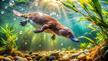 A platypus diving deeper into the river, bubbles surrounding its streamlined body, with vibrant aquatic plants in the background