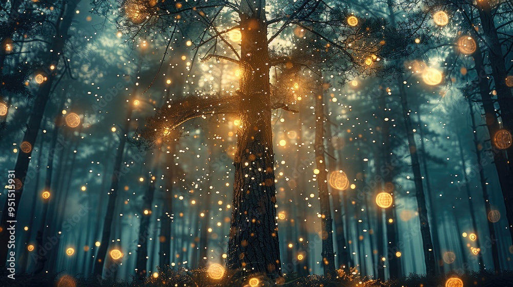 Aufkleber A tall pine tree stands in the middle of an enchanted forest, with a teal and gold color palette and sparkling lights. Generative AI.