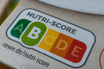 Close-up Nutri-Score B label on food packaging giving information on nutritional quality