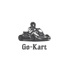 Go-kart race. Black white vector illustration logo. Karting silhouette