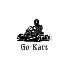 Go-kart race. Black white vector illustration logo. Karting silhouette