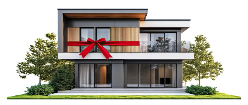 New modern house wrapped with red ribbon, cut out