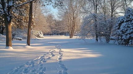 A snowy park scene with untouched snow blanketing the ground, and footprints leading through a peaceful winter wonderland.
