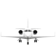 Front view of a sleek and modern private jet ready for takeoff, showcasing its aerodynamic design and powerful engines.