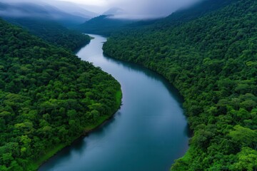 A serene river flows through lush green valleys, surrounded by misty mountains, capturing nature's tranquil beauty.