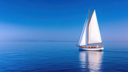 Fototapeta premium A serene sailboat glides gracefully across calm waters under a clear blue sky, evoking feelings of tranquility and adventure.