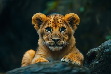 adorable lion cub with captivating golden fur, showcasing the pure essence of wildlife.