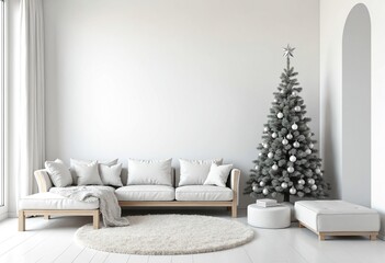 Modern minimalist living room for Christmas features white walls and modern furniture. A Christmas tree decorated with silver and white ornaments