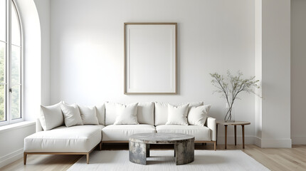 White living room interior with a white sofa, a coffee table and a vertical empty poster. Mock up scene for posters. Generative AI