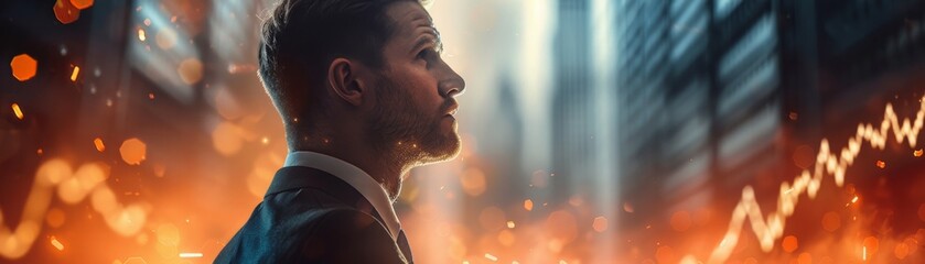 Businessman in formal wear with stock market graphs crashing in background, price drop business, financial crisis concept