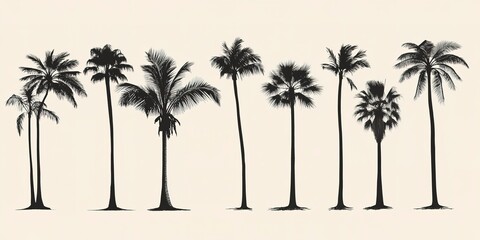 Obraz premium A set of diverse black and white palm tree silhouettes displayed against a plain background, highlighting the distinct shapes and personalities of each tree. 