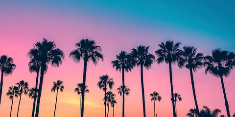 This image shows silhouettes of palm trees set against a soft gradient sky, offering a tranquil and serene motif ideal for conveying peace and calm at dusk.