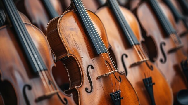 A Symphony of Strings: A close-up, artistic composition of polished violins lined up in a row, their rich brown wood and gleaming strings ready to create harmonious music.  