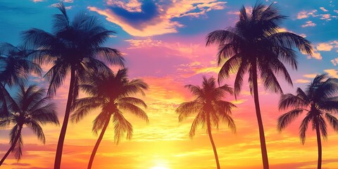 Fototapeta premium Silhouettes of palm trees against a colorful sunset sky. 