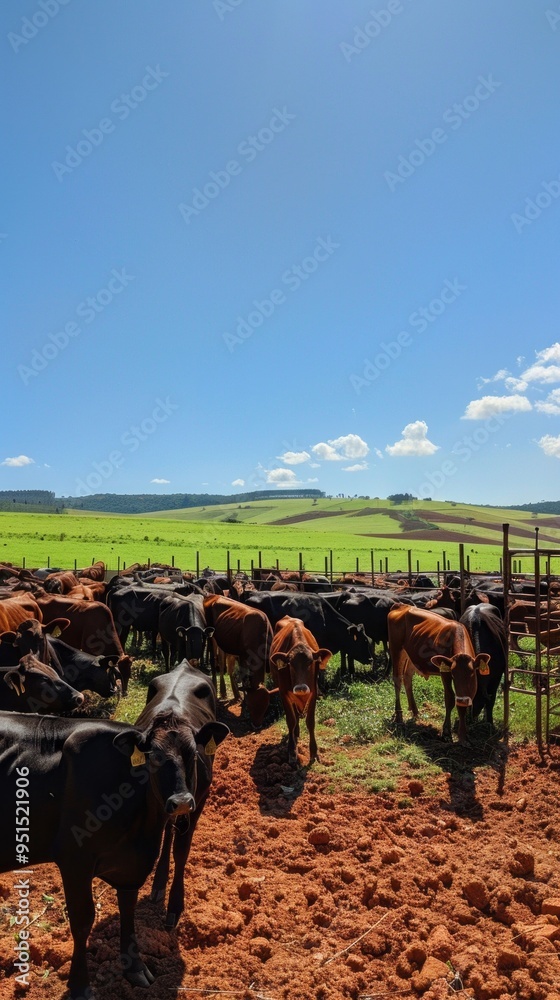Poster a herd of cows are grazing in a field