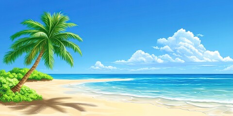Fototapeta premium Sea beach with palm tree summer island tropic wallpaper background 