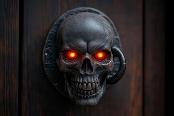 A sinister door knocker shaped like a skull, with glowing red eyes, set against a dark wooden background.