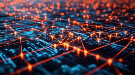 Obraz premium A wide-format illustration of a complex digital network, with glowing nodes and lines representing global data connectivity.