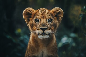 Obraz premium adorable lion cub with captivating golden fur, showcasing the pure essence of wildlife.