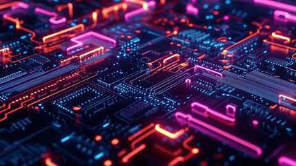 Fototapeta premium Abstract image of a high-tech circuit board, with neon pathways and digital connections, representing cutting-edge technology.