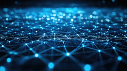 Obraz premium Abstract blue digital network with interconnecting nodes and lines, symbolizing global cyber connectivity and social networks in a 3D rendering.