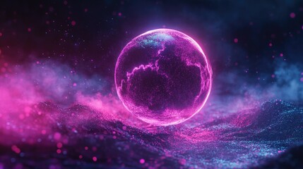 Fototapeta premium Abstract neon sphere made of luminous particles and waves, emitting a mystical glow in a dark, ambient space.