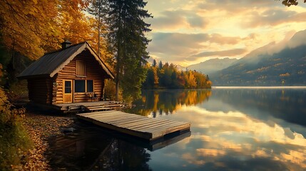 Fototapeta premium A peaceful lakeside setting with a cozy cabin, a wooden dock, and reflections of autumn foliage on the water