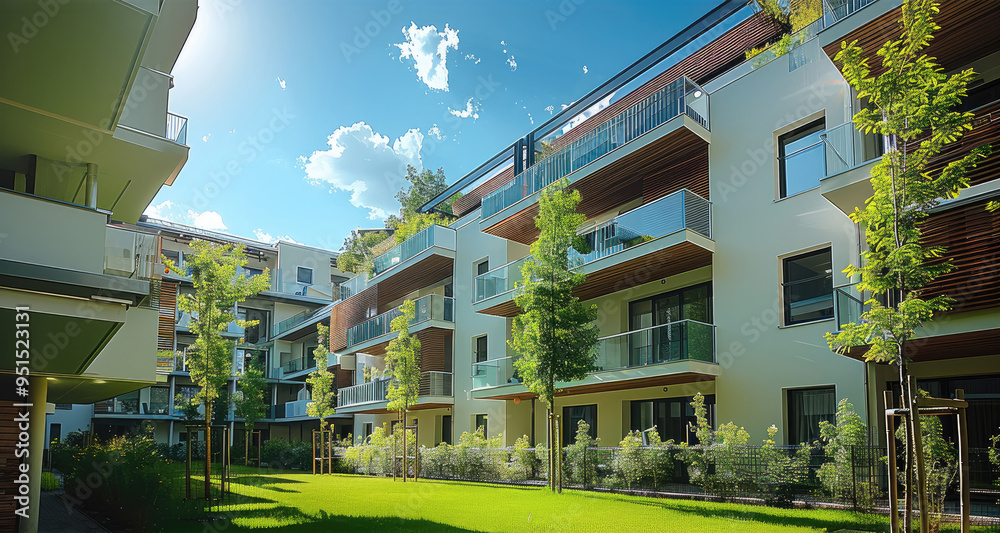 Aufkleber multi-store house of the premium segment, side view, green courtyard in the foreground. generative a