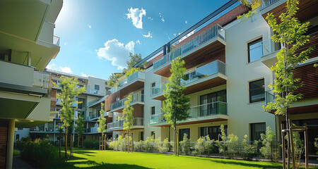 Multi-store house of the premium segment, side view, green courtyard in the foreground. Generative AI.