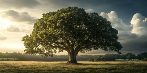 Fototapeta premium A large, majestic oak tree stands alone in a field 