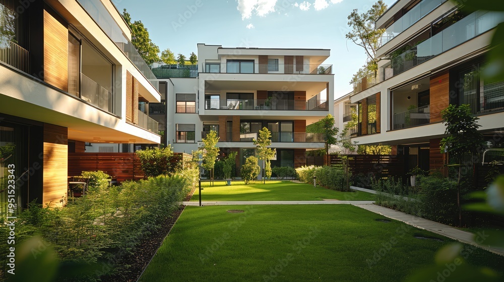 Aufkleber multi-store house of the premium segment, side view, green courtyard in the foreground. generative a
