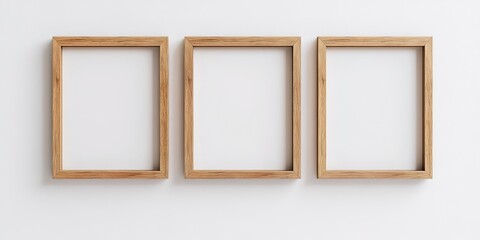 Three square oak wooden frames are suspended on a white wall, ready to display artworks, paintings, or posters. The frames are empty, emphasizing their simple and elegant design.